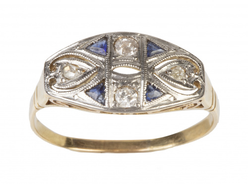 Sortija Art-Decó de brillantes y zafiros talla triangular