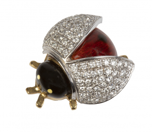 Broche mariquita con esmalte rojo y negro y alas cuajadas d