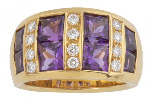 Sortija ancha con brillantes y amatistas talla princesa en 