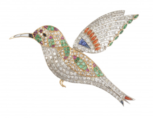 Broche colibrí de brillantes con ala abatible, adornado con