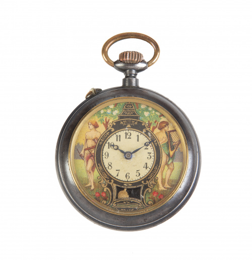 Reloj de bolsillo lepine Art-Decó con dibujo de dos figuras