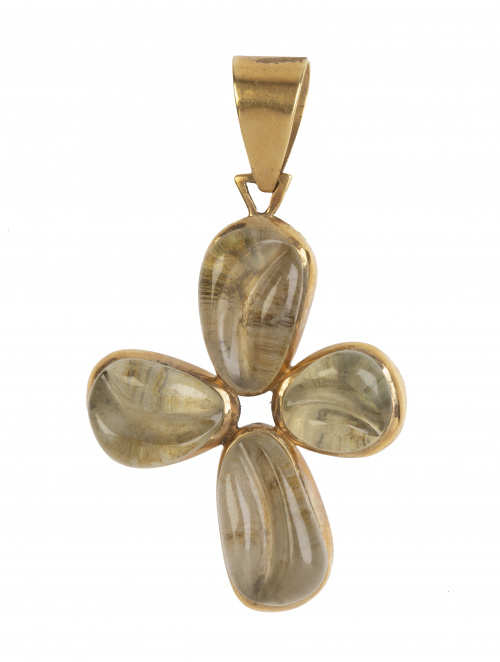 Colgante de cruz asimétrica de cuatro turmalinas talladas a