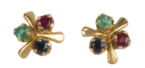 Pendientes con diseño de trébol con esmeralda, zafiro y rubí