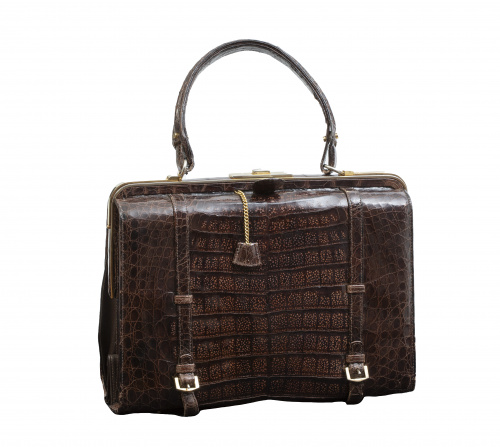 Bolso de piel de cocodrilo marrón años 70, con un asa corta