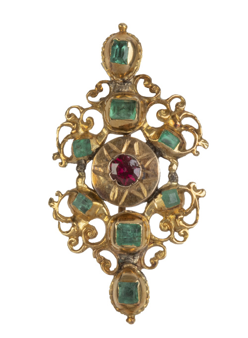 Broche popular S. XVIII-XIX con esmeraldas y granate centra