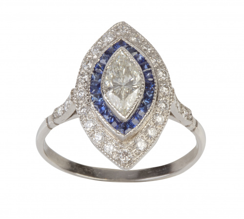 Sortija navette estilo Art-Decó con brillante central de 0,