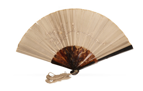 Abanico con país de tela brodado con pájaro y peonías, padr