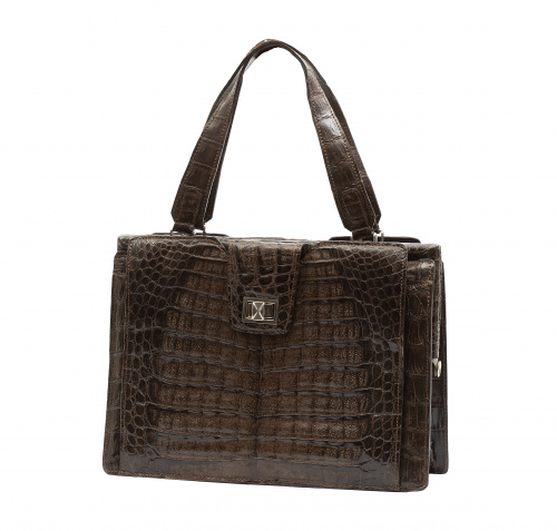 Bolso de piel de cocodrilo color marrón, dos asas 