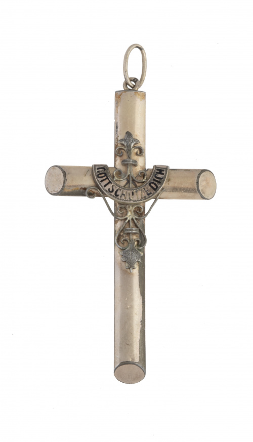 Cruz colgante S. XIX con inscripción "Gott schutze dich" y 