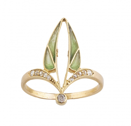 Sortija lanzadera Art-Nouveau con dos hojas de esmalte pliq