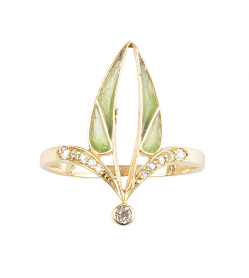Sortija lanzadera Art-Nouveau con dos hojas de esmalte pliq