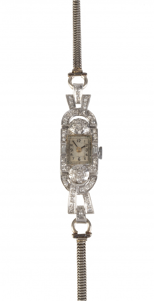 Reloj de pulsera Art-Decó para señora, en platino decorado 