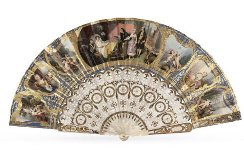 Abanico de luto con país pintado, litografiado y dorado, pa