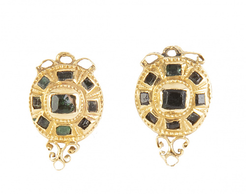 Pendientes S. XIX en forma de botón con símil esmeraldas