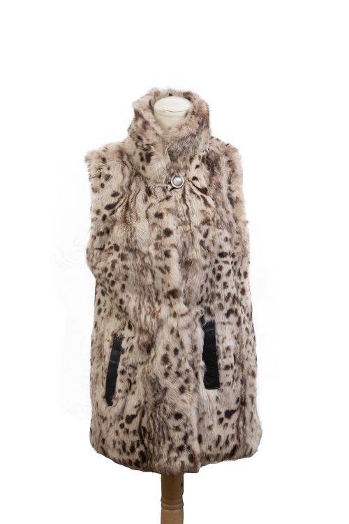 Chaleco vintage de piel de conejo moteado con dos bolsillos