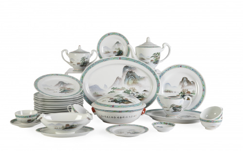 Vajilla de porcelana esmaltada decorada con paisajes.Chin
