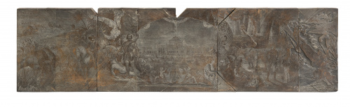 Plancha de madera para grabados, representando la conquista