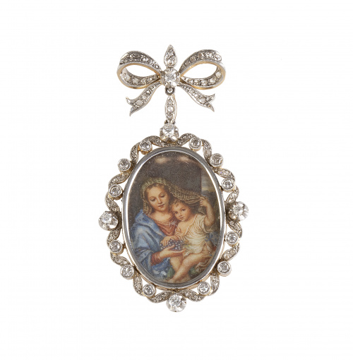Colgante de pp S. XX con miniatura de Virgen y Niño sobre m