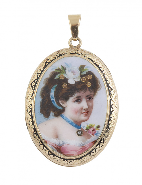 Colgante portafotos oval S. XIX con retrato de dama en esma