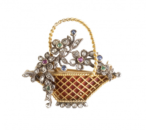Broche cesto de flores de pp. S. XX con diamantes, rubíes, 