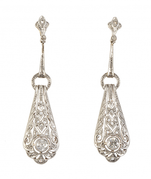 Pendientes largos Art-Decó de diamantes con brillante en ch