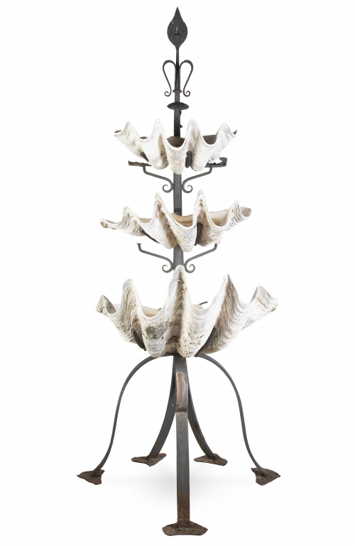 Fuente con tres tridacnas gigas o conchas de los mares del 