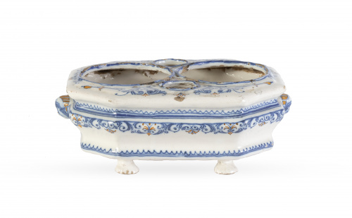 Convoy para vinajeras de cerámica esmaltada en azul de coba