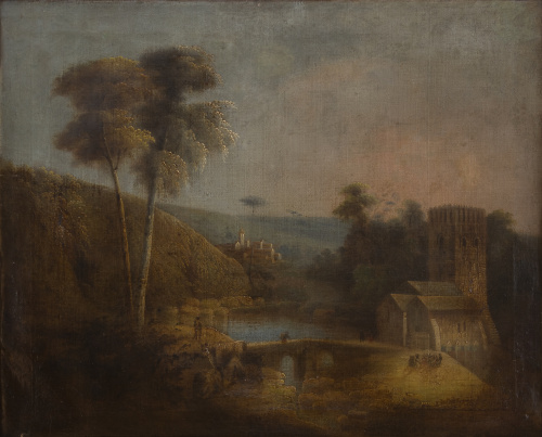 ESCUELA SEVILLANA, SIGLO XIXPaisaje con puente y arquitec