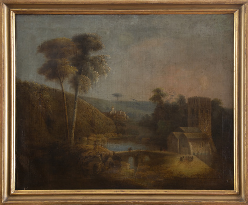 ESCUELA SEVILLANA, SIGLO XIXPaisaje con puente y arquitec