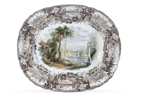 Fuente de loza estampada en marrón y polícroma.Inglaterra