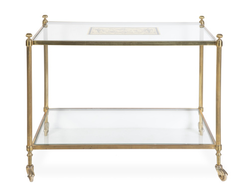 Camarera con dos baldas de metal y cristal con motivo decor