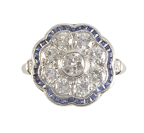 Sortija flor estilo Art-Decó con rosetón de brillantes y ma