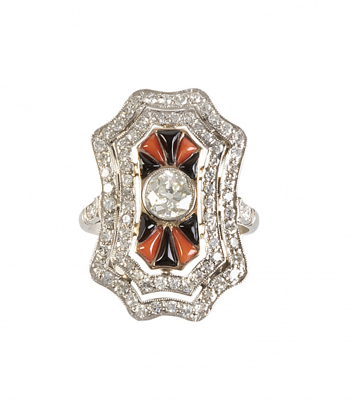 Sortija lanzadera estilo Art-Decó de brillantes, con ónix y