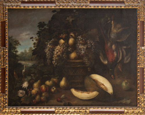ESCUELA ESPAÑOLA, SIGLO XVIIBodegón de frutas y caza muer