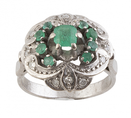 Sortija flor años 60 con esmeraldas y brillantes engastados