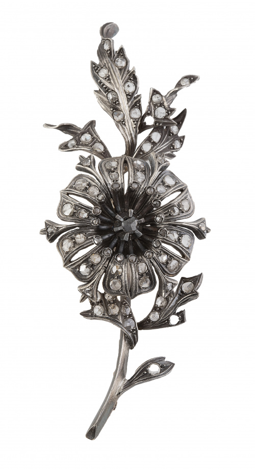 Broche tremblant S. XIX de diseño floral con diamantes 