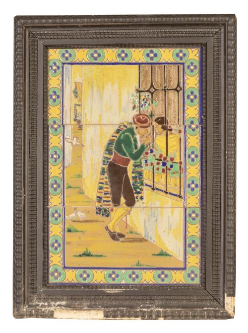 "Pelando la Pava".Panel de tres azulejos de cerámica esma