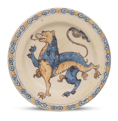 Plato de cerámica esmaltada de la serie polícroma, con león