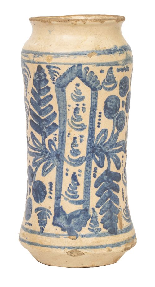 Albarelo de cerámica esmaltada en azul cobalto y blanco, de