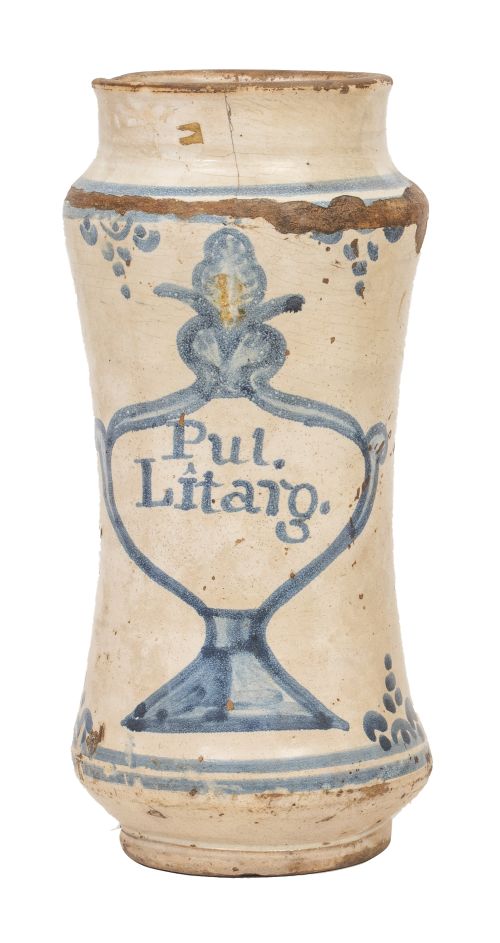 Albarelo de cerámica esmaltada en azul cobalto y blanco con