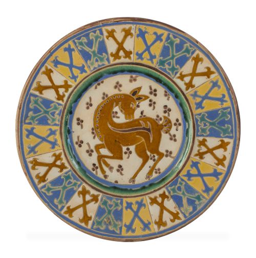 Plato de cerámica de cuerda seca, esmaltado en verde, azul,