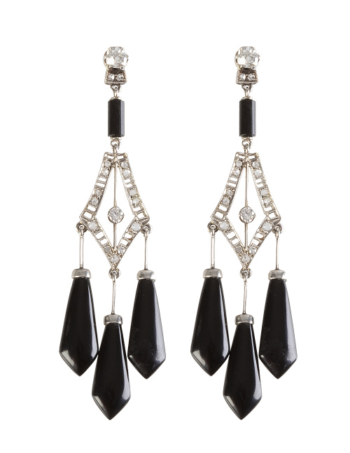 Pendientes largos estilo Art-Decó de ónix con brillantes y 