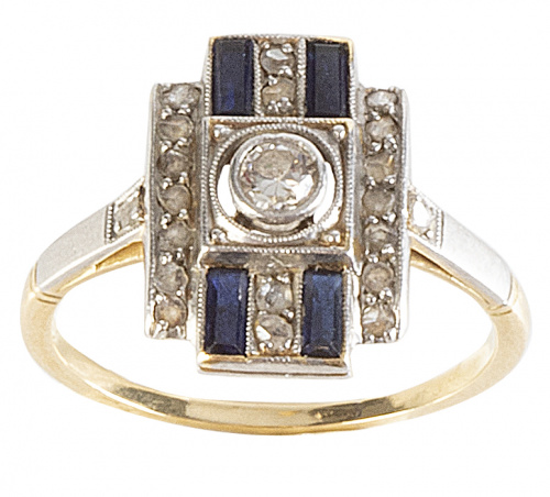 Sortija rectangular Art-Decó con zafiros talla baguette, br