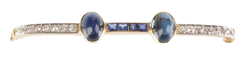 Broche barra Art-Decó de zafiros y brillantes de talla anti