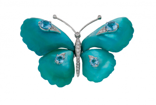 Broche mariposa con brillantes y topacios azules sobre alas