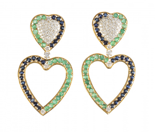 Pendientes largos de brillantes zafiros y esmeraldas con di