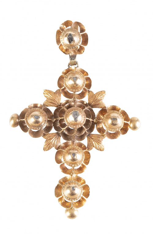 Cruz colgante S. XIX de diamantes, con diseño de flores con