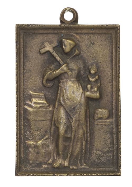 "San Antonio y el Niño".Placa devocional de bronce.Espa
