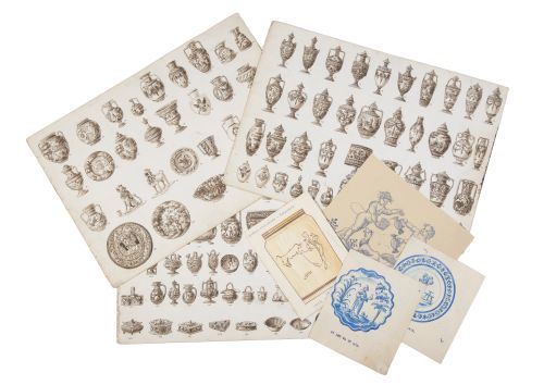 Siete dibujos preparatorios sobre papel pintados en aguada 