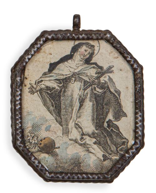 Medalla devocional con marco octogonal de hierro con Cristo